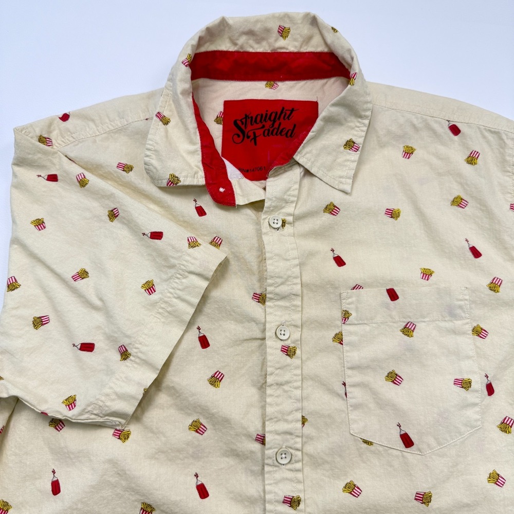 Straight Faded French Fries and Ketchup Button Up Shirt Mens‎ L Yellow Novelty